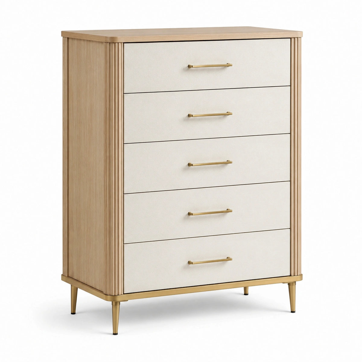 Schubladenschrank aus Holz mit fünf Schubladen, Beige und Gold