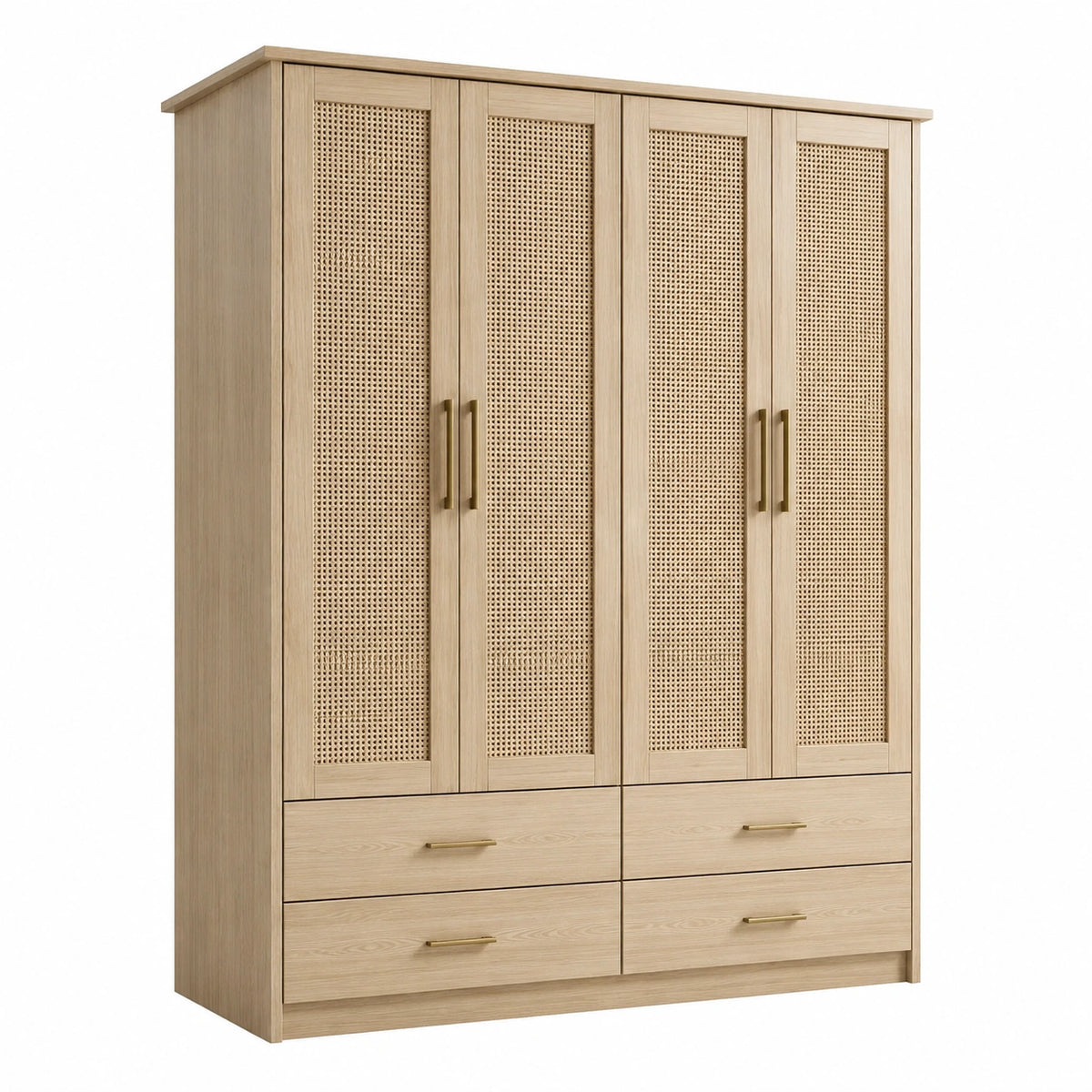 Massivholz Kleiderschrank mit Rattangeflecht 195x160x60cm